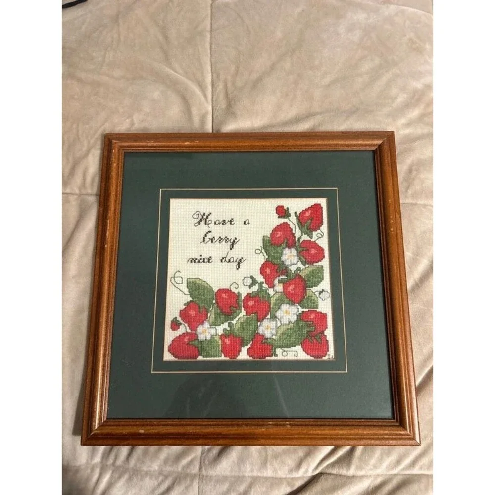 Vintage 1985 Cross Stitch “Have a Berry Nice Day” Strawberry Theme